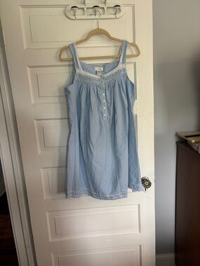 Aria Light Blue Gingham Sleeveless Nightgown with Floral Embroidery